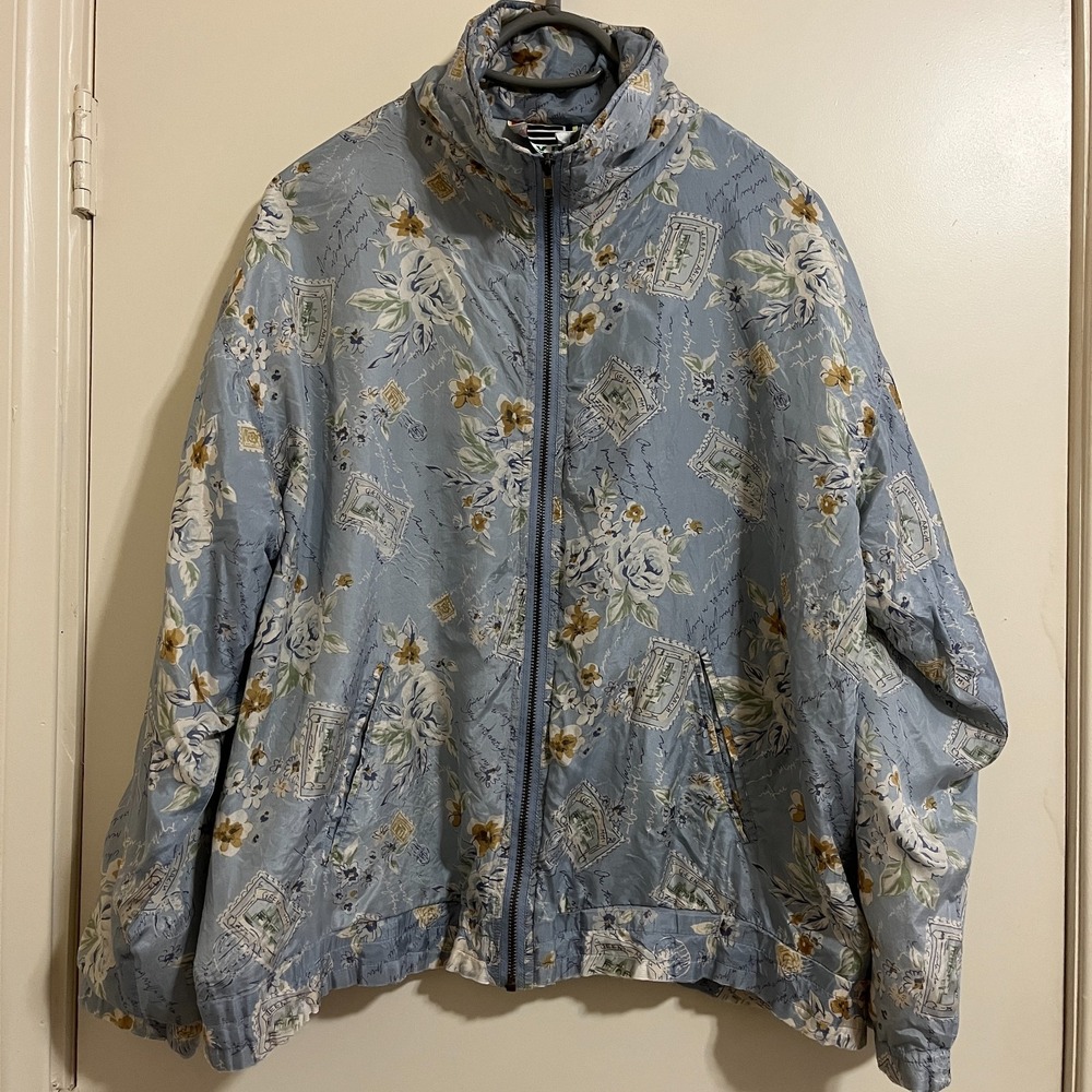 Vintage EVR Womens 100% Silk Floral Bomber Jacket L Blue Script Print 90s Boho